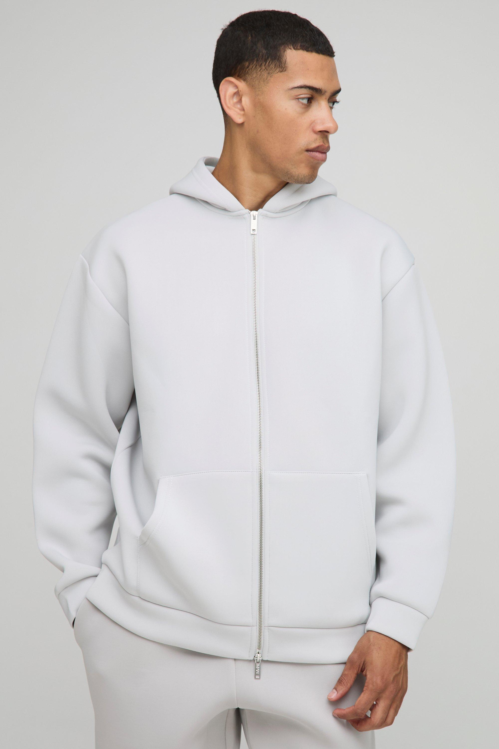 Mens Grey Oversized Zip Through Bonded Scuba Hoodie, Grey